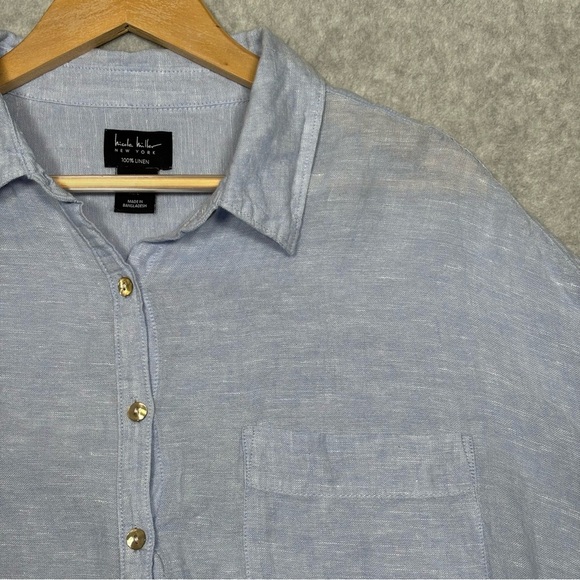 Nicole Miller Oversized Linen Long Sleeve Button Up Shirt-Light Blue-Women Large - Picture 1 of 6